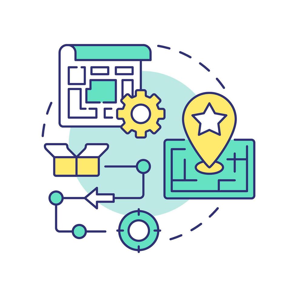 Manufacturing location multi color concept icon. Choosing contract factory. Logistics planning. Round shape line illustration. Abstract idea. Graphic design. Easy to use in article vector