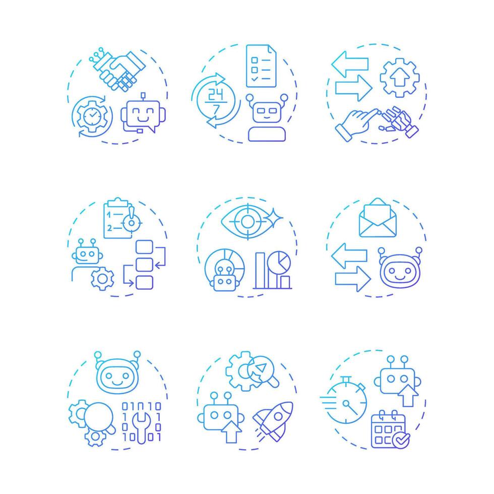 Robotic process automation blue gradient concept icons. Workflows digitalization technology. RPA benefits. Icon pack. Round shape illustrations for presentation. Abstract idea vector