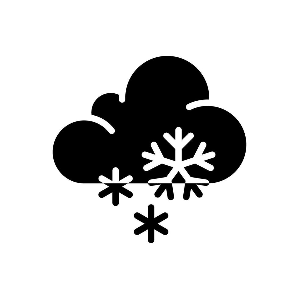 Snow black glyph icon. Cloud with snowflakes falling. Snowy weather or winter conditions. Weather forecast. Silhouette symbol on white space. Solid pictogram. Isolatedillustration vector