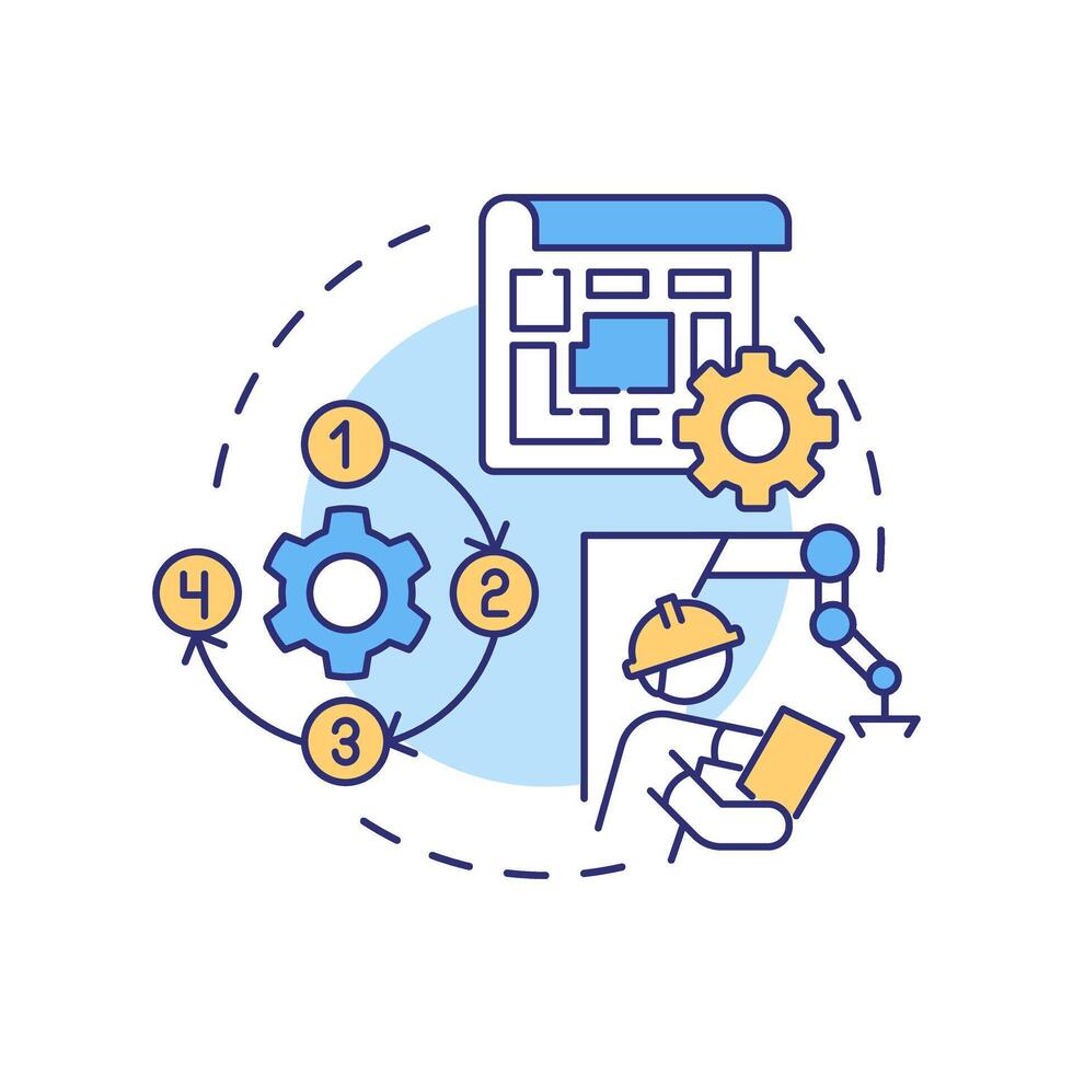 Setting up manufacturing process multi color concept icon. Start manufacturing business. Efficient production. Round shape line illustration. Abstract idea. Graphic design. Easy to use in article vector