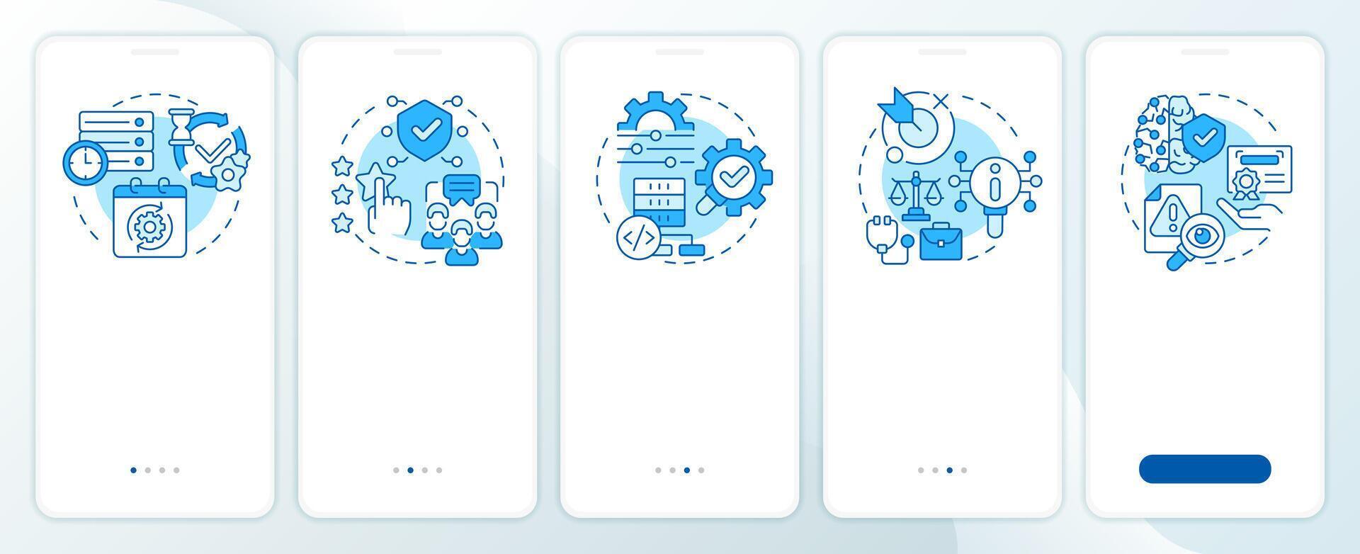 Benefits of RAG blue onboarding mobile app screen. AI semantic walkthrough 5 steps editable graphic instructions with linear concepts. UI, UX, GUI template vector