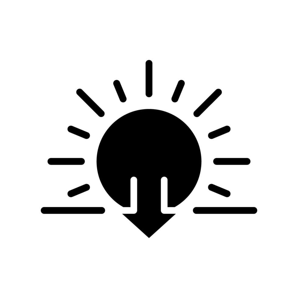 Sunset black glyph icon. Sun and downward arrow symbol. Evening time. Dusk. Transition from day to night. Silhouette symbol on white space. Solid pictogram. Isolatedillustration vector