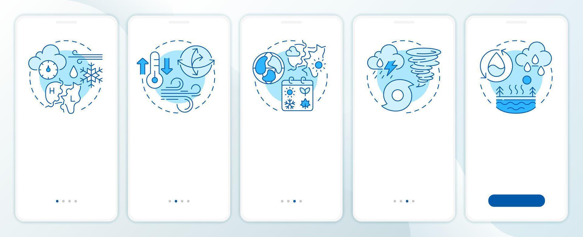 Atmospheric phenomena blue onboarding mobile app screen. Research walkthrough 5 steps editable graphic instructions with linear concepts. UI, UX, GUI template vector