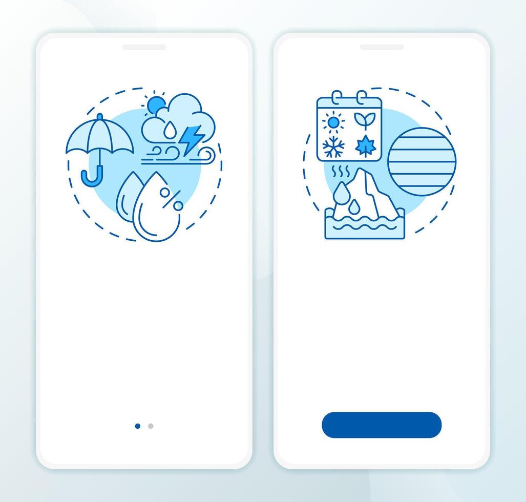 Climate vs weather blue onboarding mobile app screen. Nature walkthrough 2 steps editable graphic instructions with linear concepts. UI, UX, GUI template vector