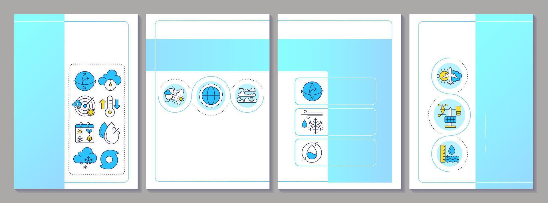 Meteorology blue brochure template. Atmospheric science researching. Weather patterns analysis. Leaflet design with linear icons. Editable 4 layouts vector
