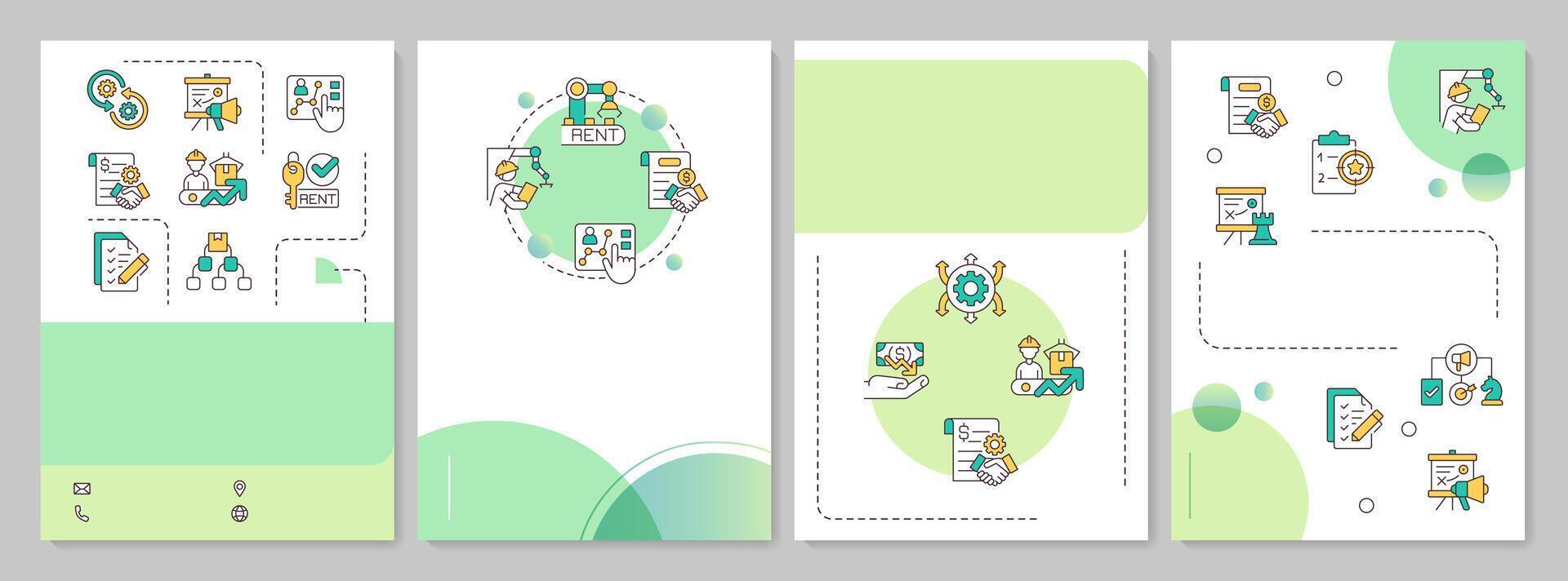 Contract manufacturing green gradient brochure template. Benefits, agreements and business tips. Leaflet design with linear icons. Editable 4 layouts vector