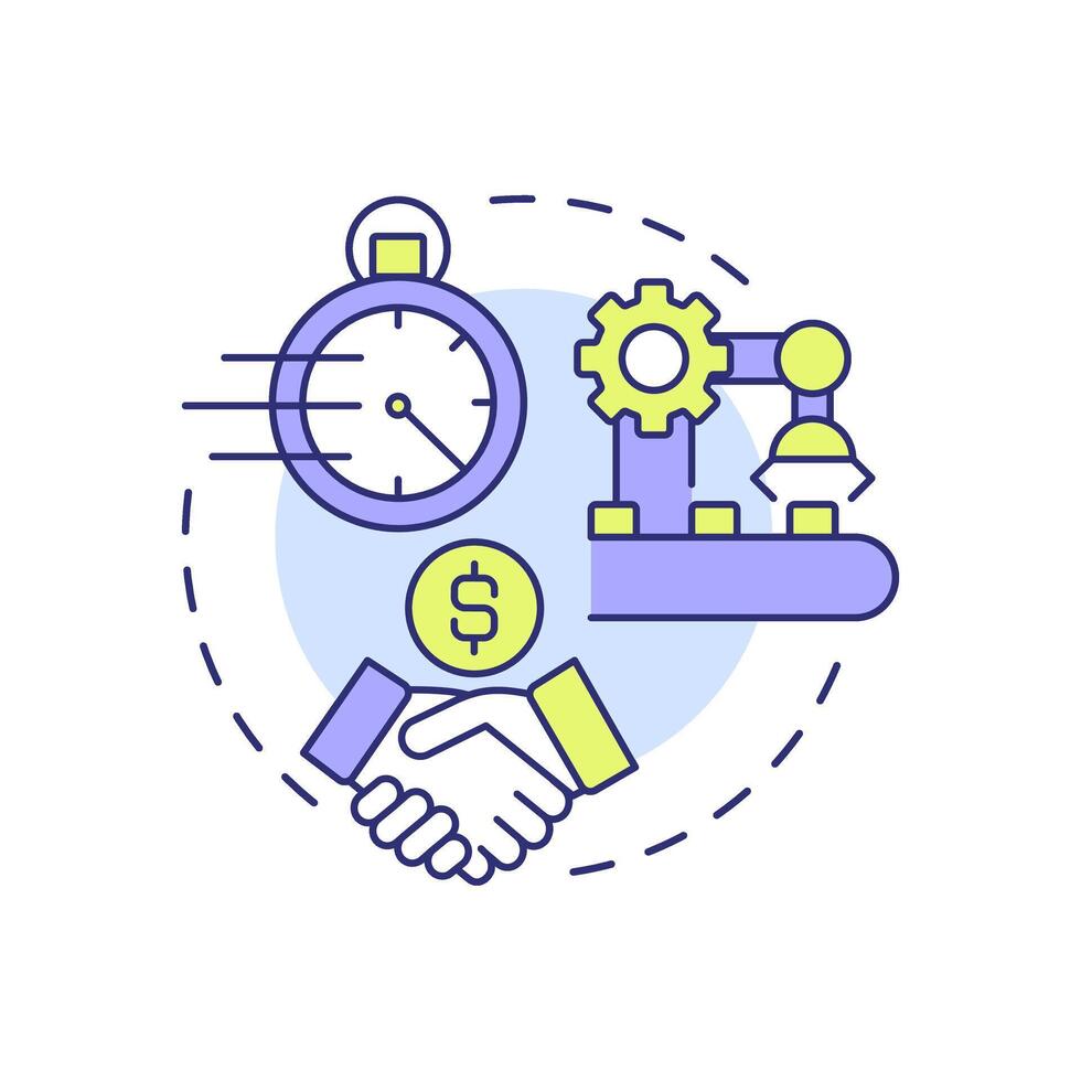 Reduction of manufacturing time multi color concept icon. Fast production process. Contract manufacturing benefit. Round shape line illustration. Abstract idea. Graphic design. Easy to use in article vector