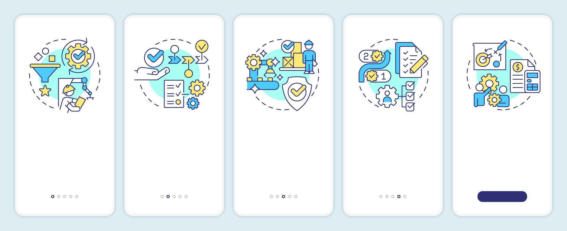 5S methodology onboarding mobile app screen. Lean manufacturing. Walkthrough 5 steps editable graphic instructions with linear concepts. UI, UX, GUI template vector