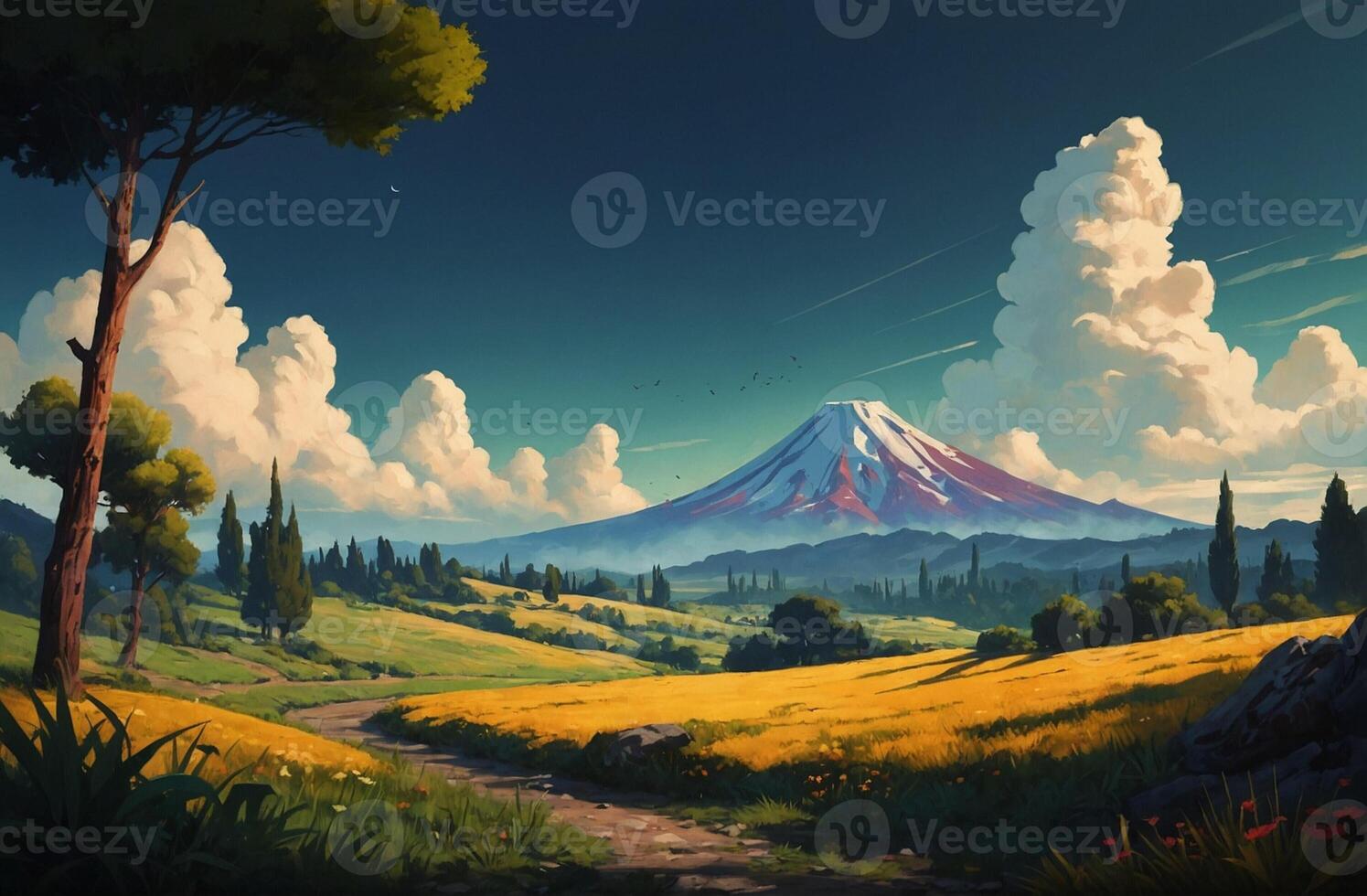 An animated landscape with a mountain in the background photo
