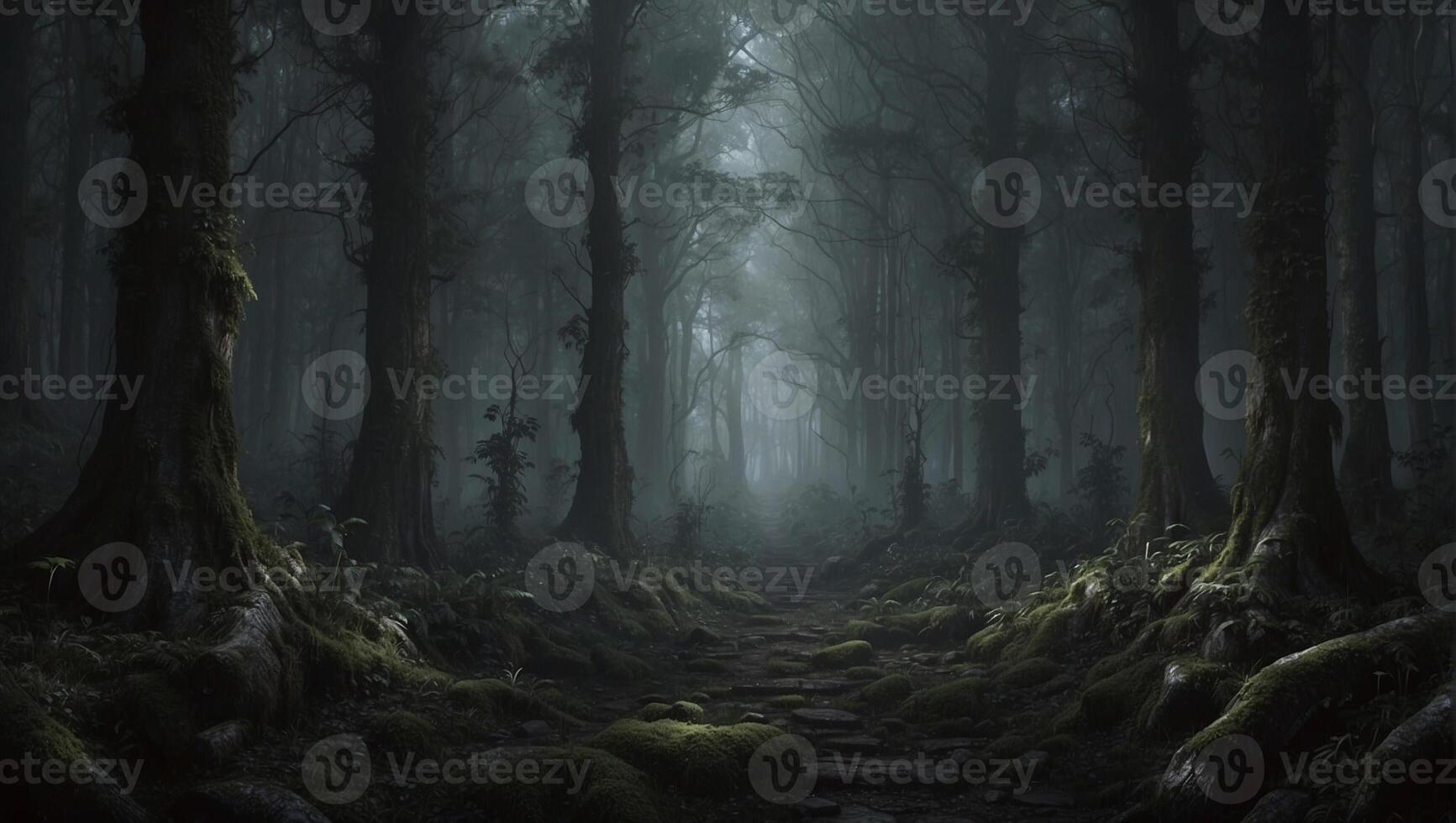 A dark forest with trees and moss photo