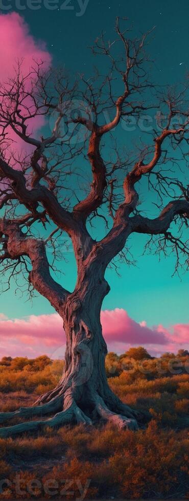 A tree in the middle of a field with pink and purple clouds photo