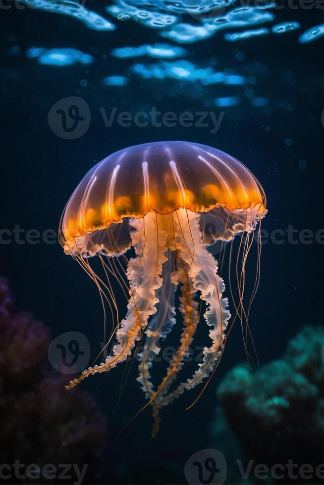 A jellyfish swimming in the ocean with its tentacles out photo