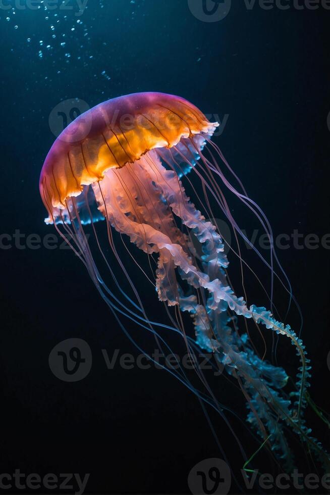 A jellyfish floats in the ocean with its tentacles out photo