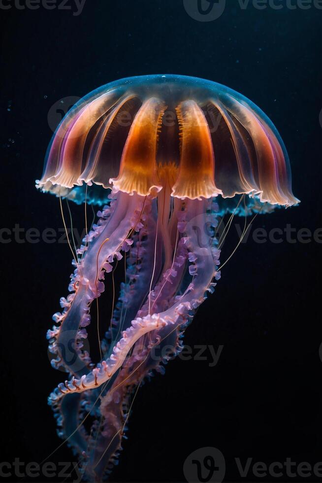 A jellyfish floating in the ocean with its tentacles out photo