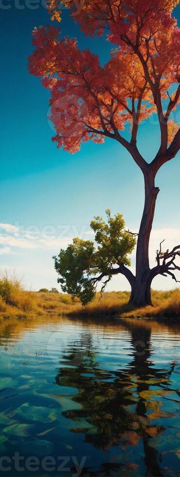 A tree with red leaves and a reflection in the water photo