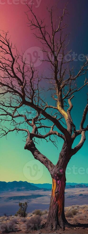 A tree with colorful paint on it in the desert photo