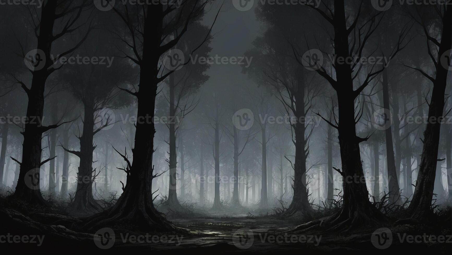 Dark forest with trees and fog photo