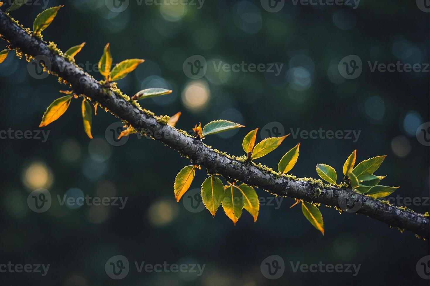 A branch with leaves and moss on it photo