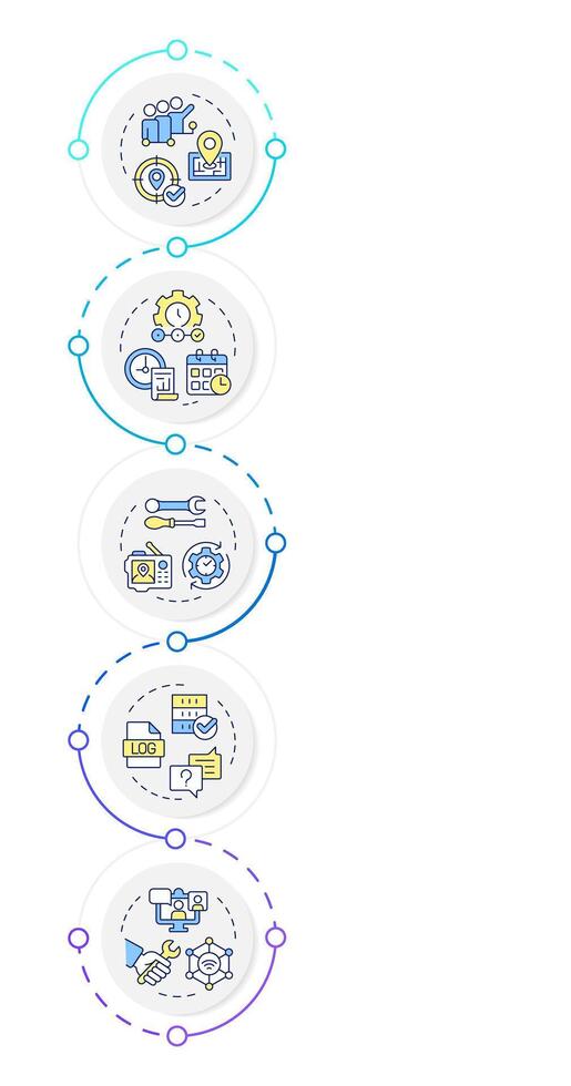 Real-time tracking and monitoring infographic design templat. Field service management. Data visualization with 5 options. Process vertical flow chart vector