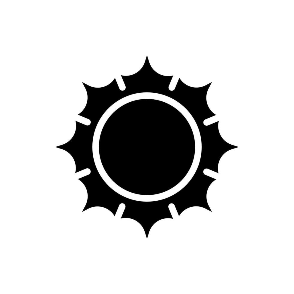 Sun black glyph icon. Symbol of sunny weather or summer. Clear sky. Weather forecast. Associated with hot days. Silhouette symbol on white space. Solid pictogram. Isolatedillustration vector