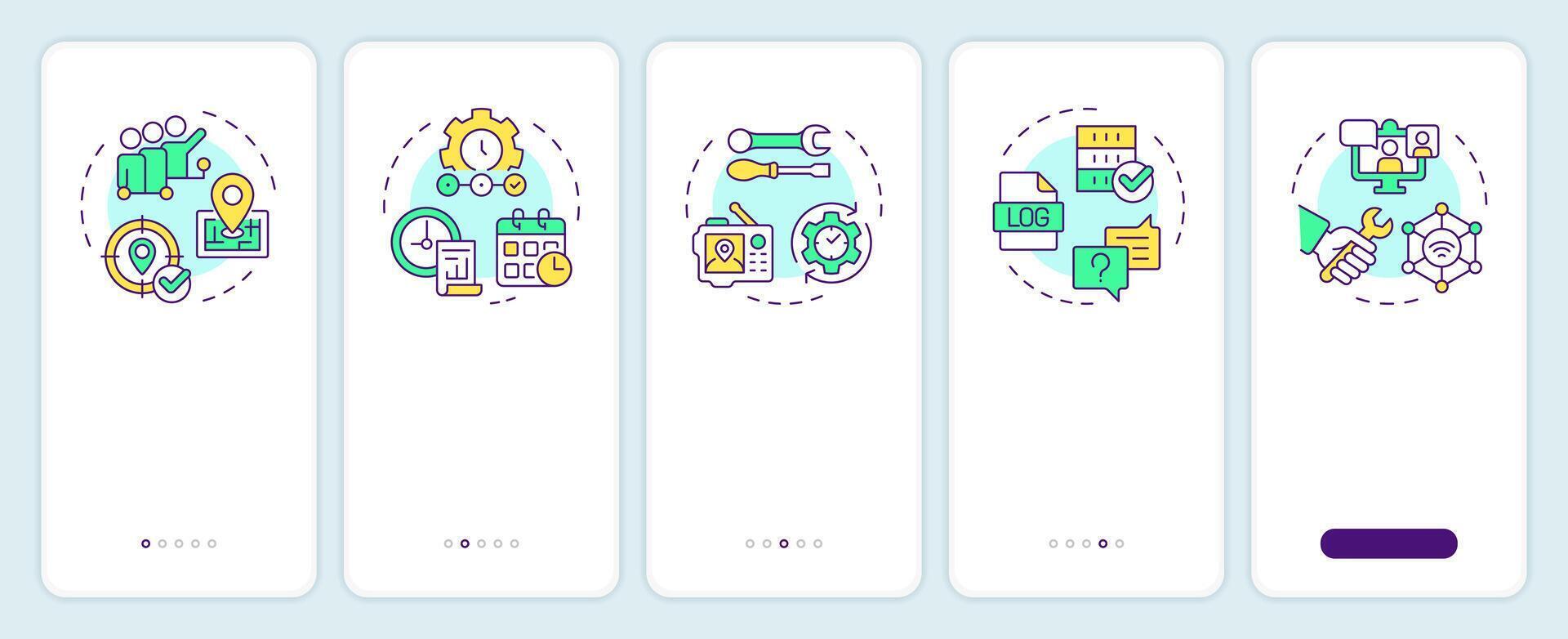 Real-time tracking and monitoring onboarding mobile app screen. Walkthrough 5 steps editable graphic instructions with linear concepts. UI, UX, GUI template vector