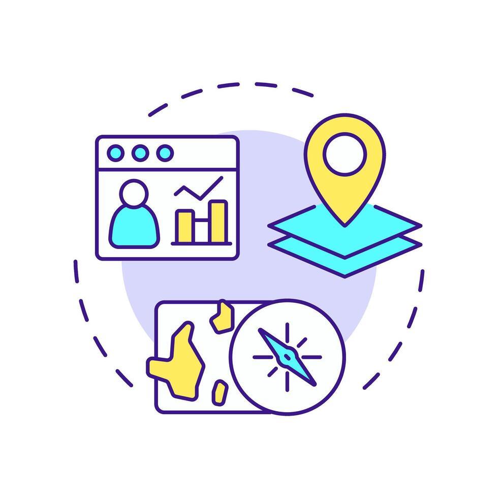 Geographic analysis multi color concept icon. Marketing research based on customer location. Commercial data. Round shape line illustration. Abstract idea. Graphic design. Easy to use in presentation vector