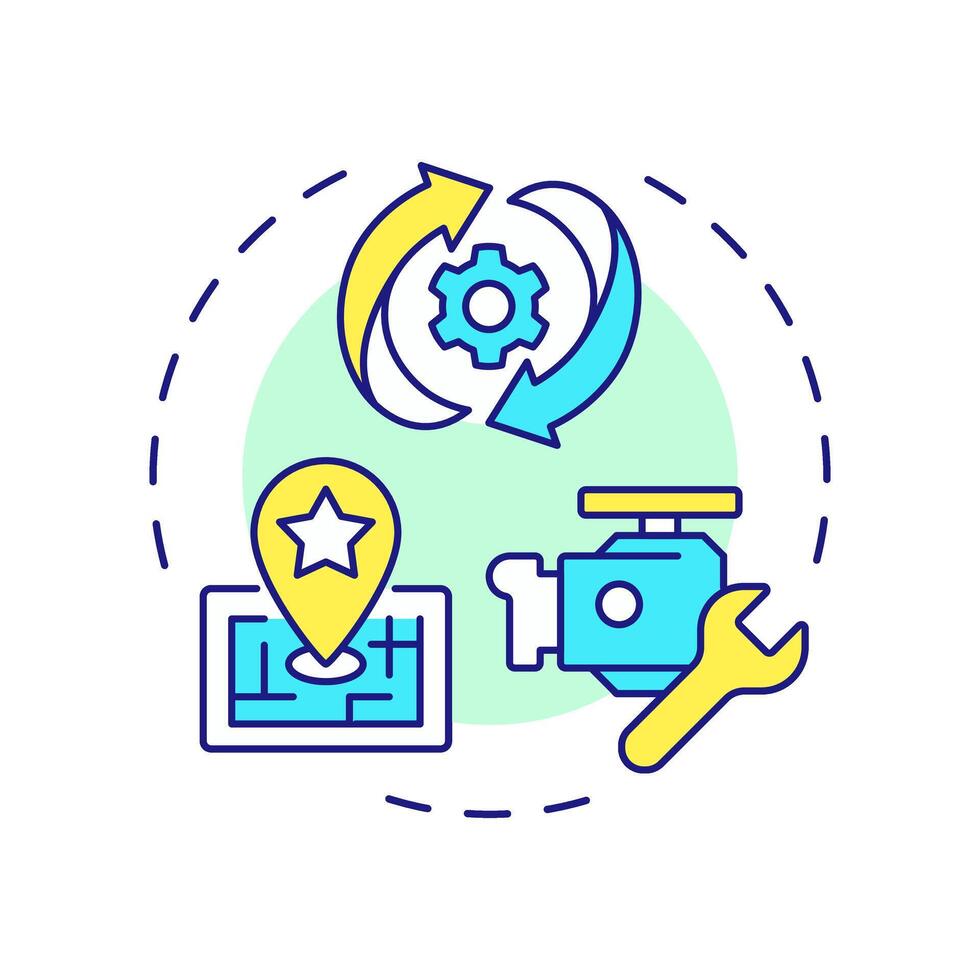 Asset management multi color concept icon. Tracking, maintenance. Core feature of FMS. Field service management. Round shape line illustration. Abstract idea. Graphic design. Easy to use in article vector