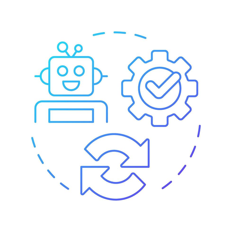 Reconfirm and deploy RPA blue gradient concept icon. Reviewing results of automation implementation. Bot algorithm. Round shape line illustration. Abstract idea. Graphic design. Easy to use in article vector