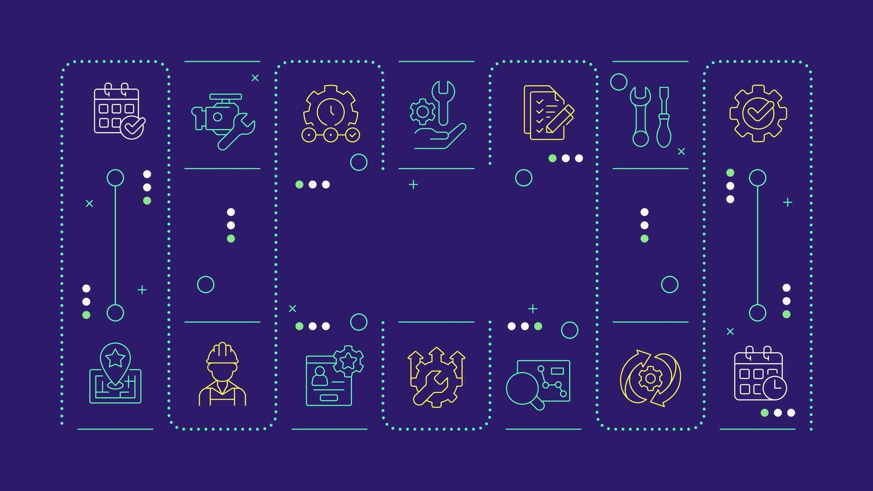 FSM dark blue word concept. Field service management. Workflow optimization. Typography banner. Horizontal image. Headline text surrounded by editable outline icons vector