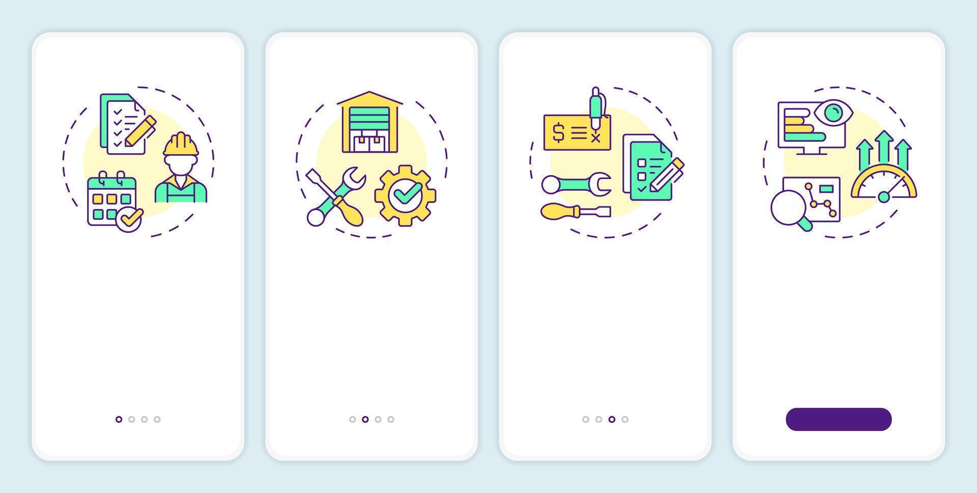Key components of FSM onboarding mobile app screen. Field service. Walkthrough 4 steps editable graphic instructions with linear concepts. UI, UX, GUI template vector