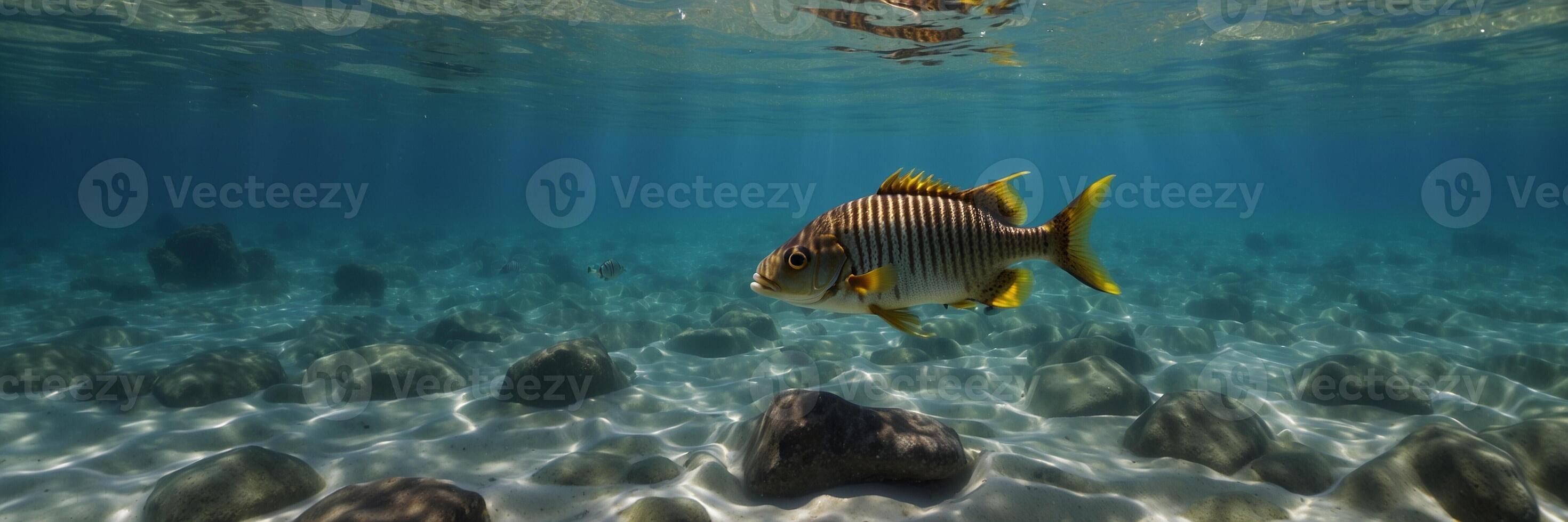 A fish swimming in the ocean with rocks photo