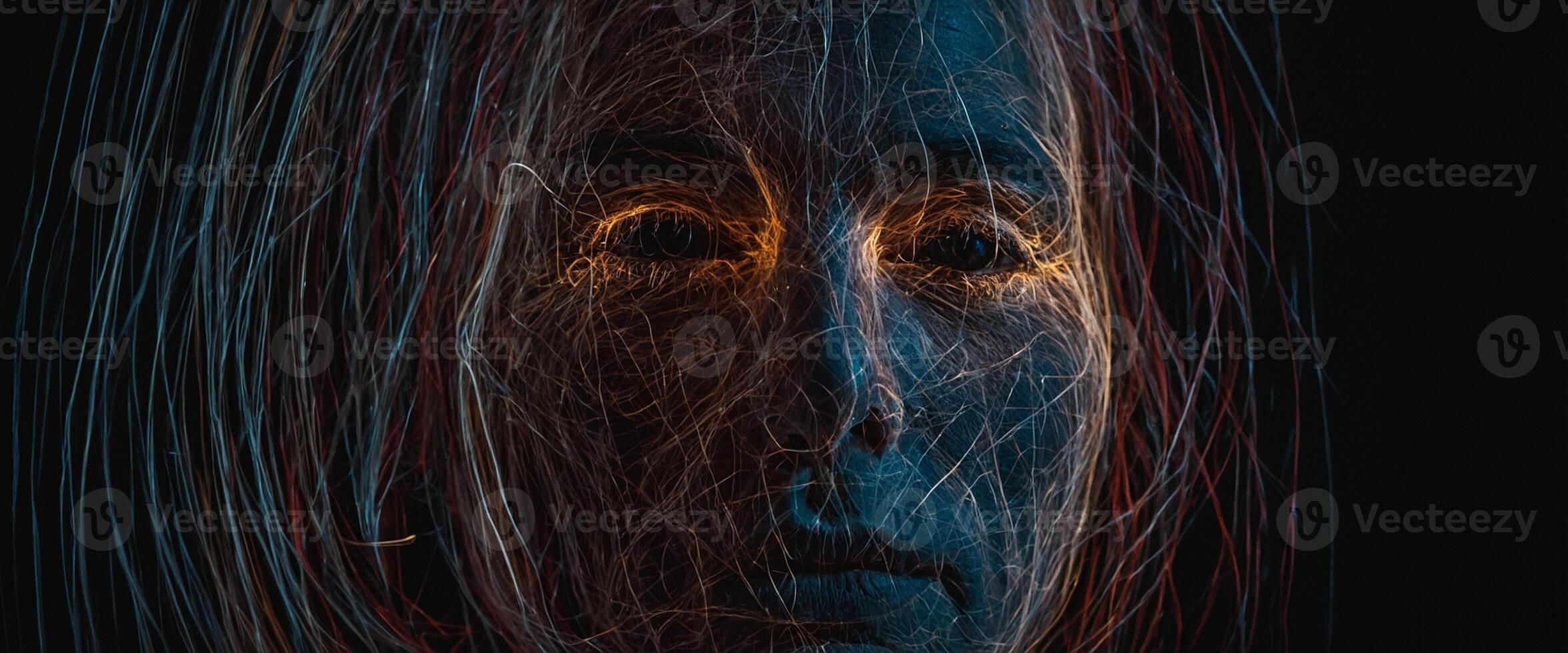 A woman's face is illuminated by light photo