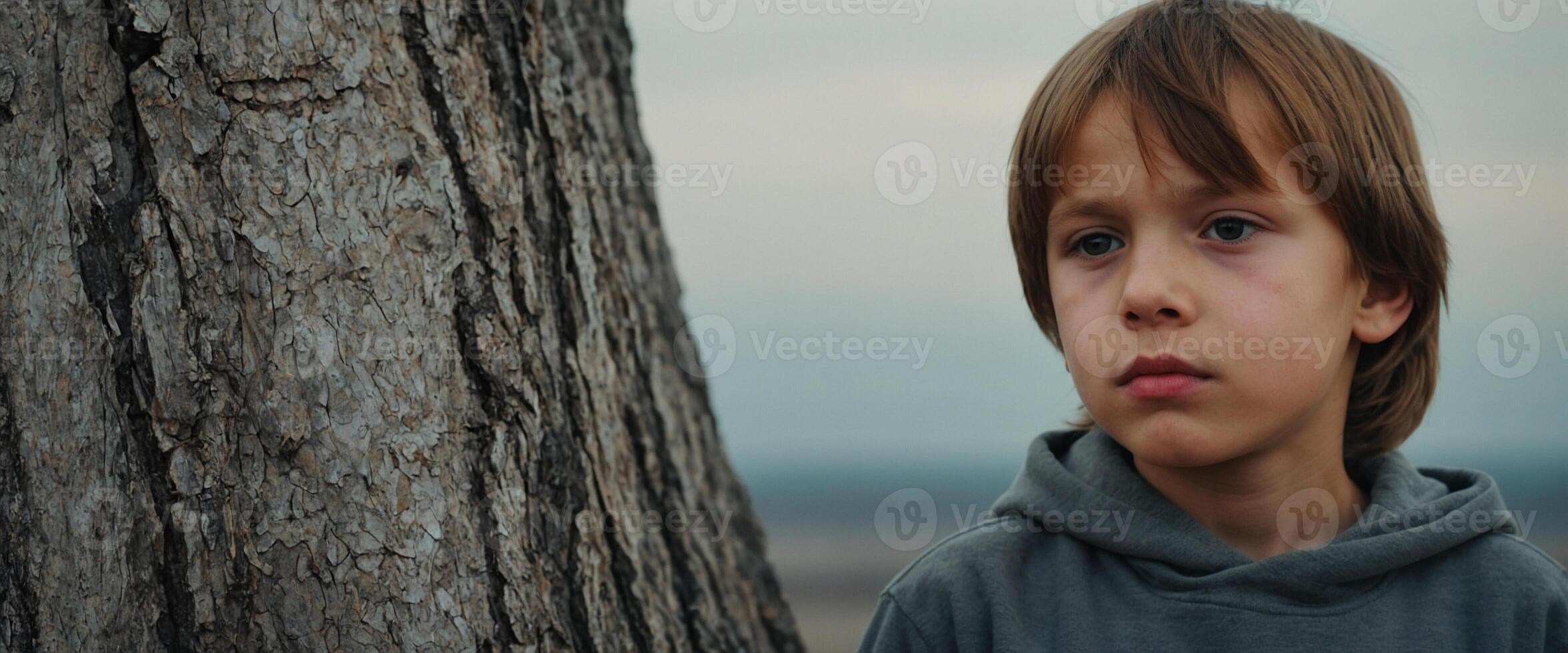 A young boy is standing near a tree photo