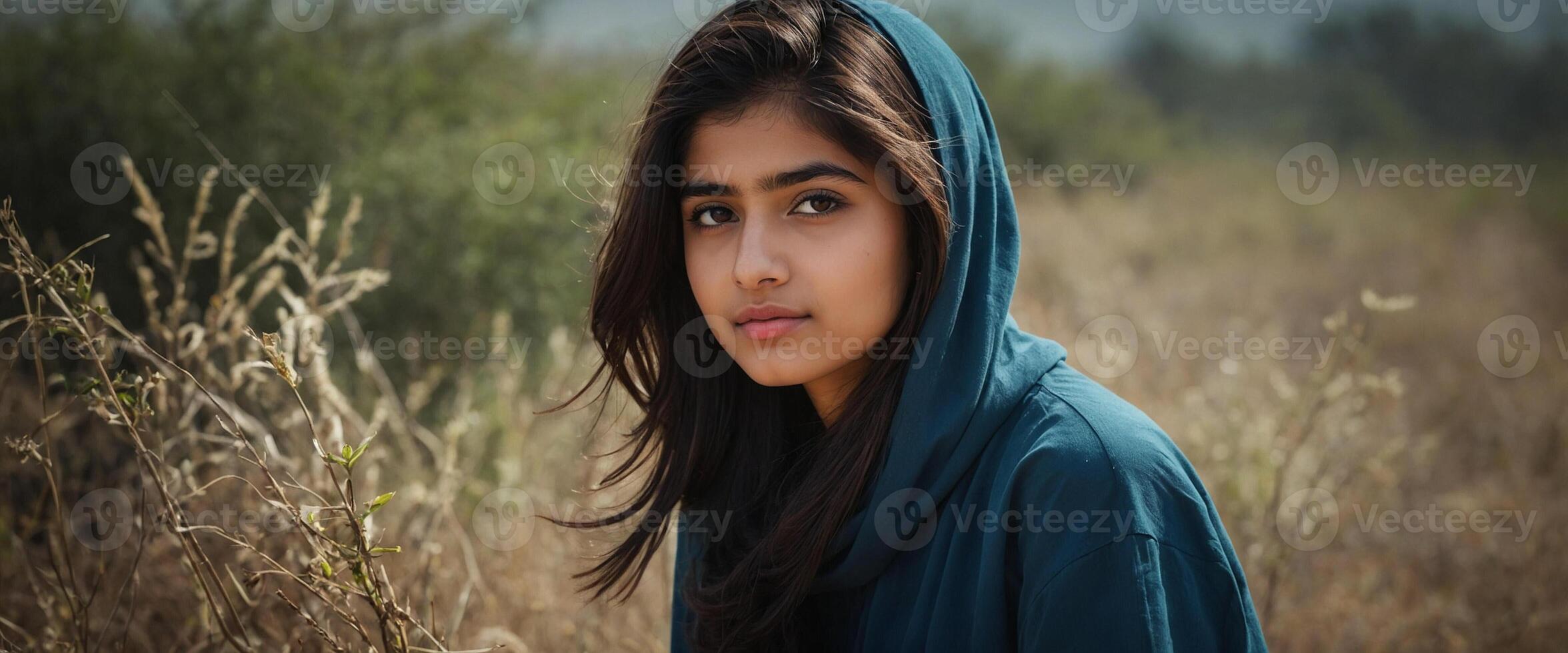A young woman in a blue hoodie standing in a field photo