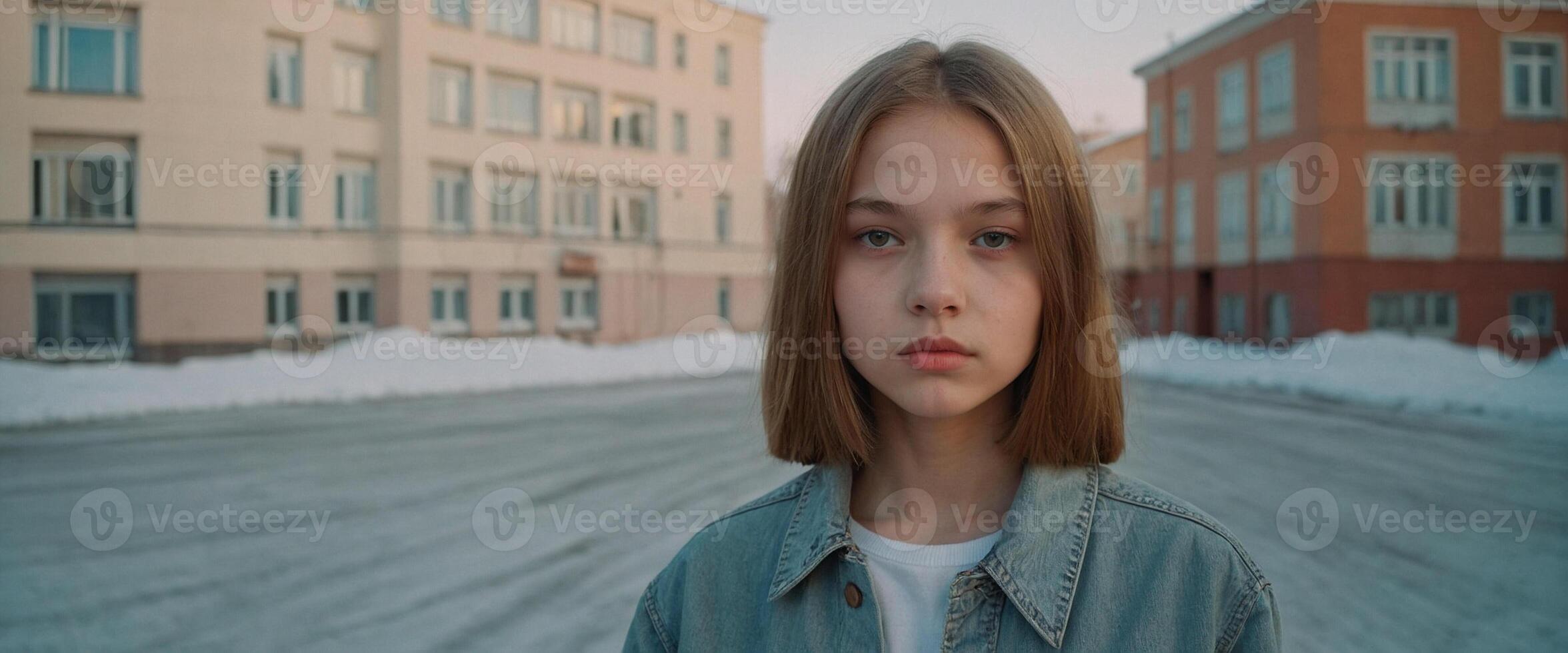 A young girl is standing in the middle of an empty street photo