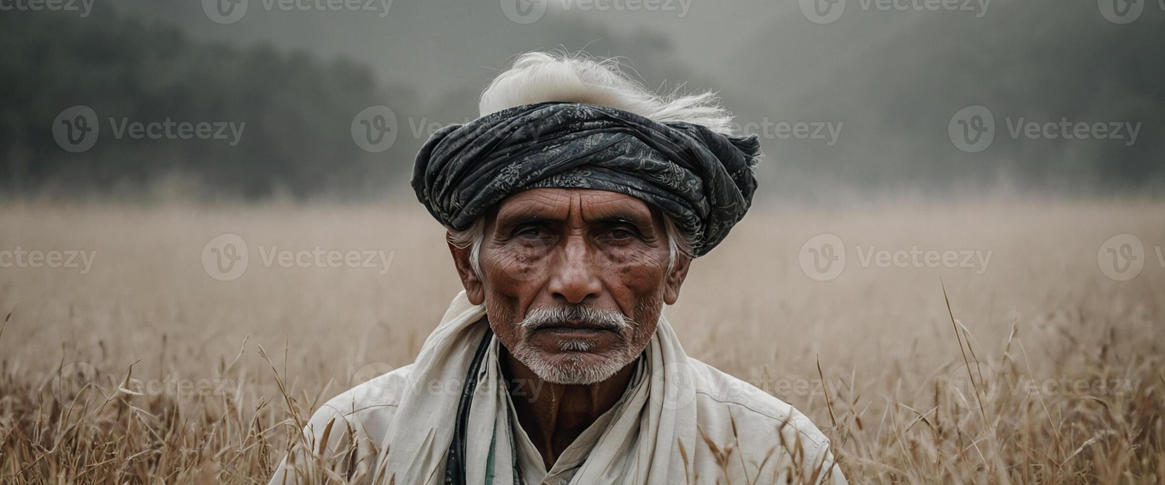 An old man in a field with a turban on photo