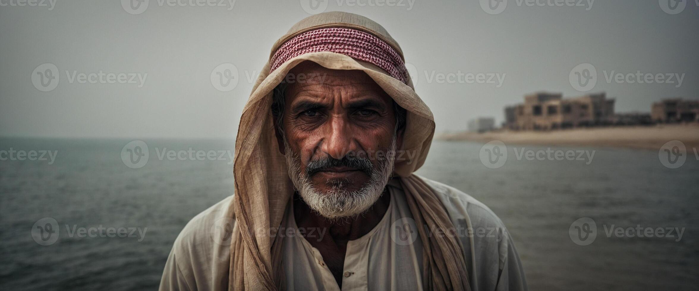An arab man standing in front of the ocean photo