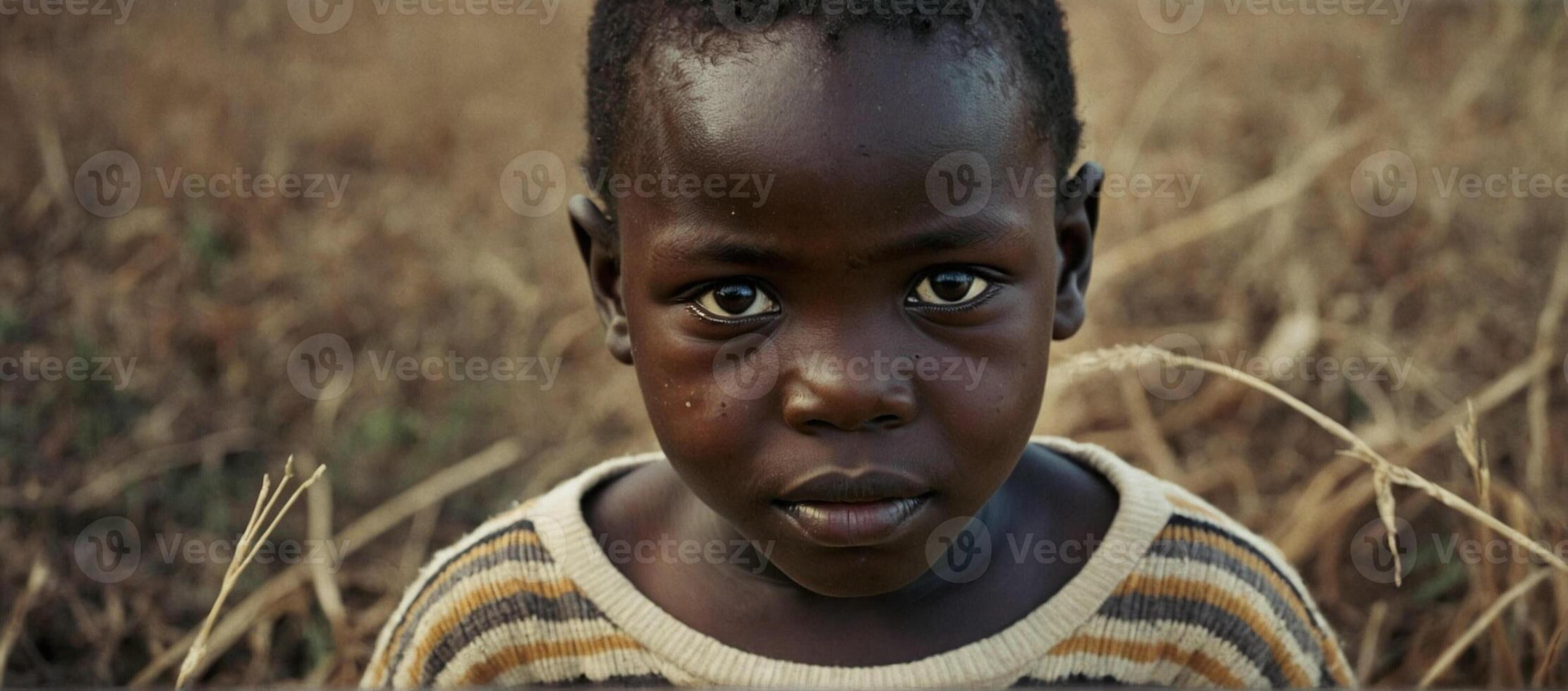 A young boy is looking at the camera in a field photo