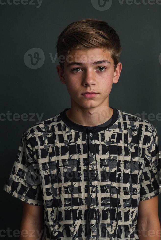 A young boy wearing a black and white shirt photo