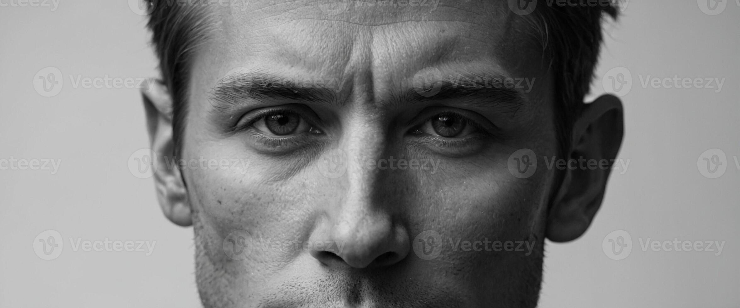 A black and white photo of a man with a serious look on his face