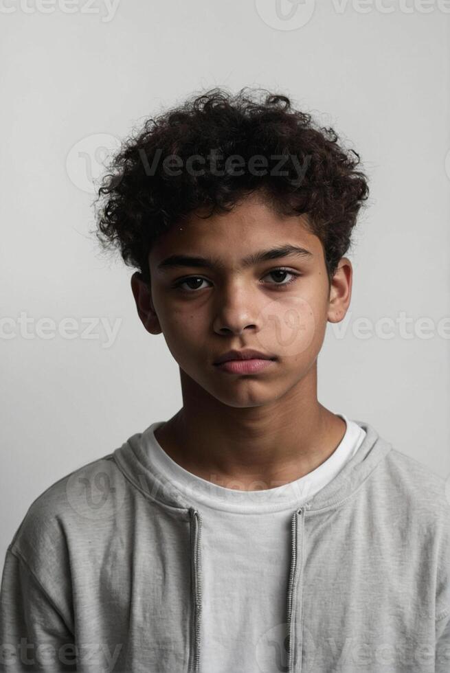 A young boy with curly hair and a white shirt photo