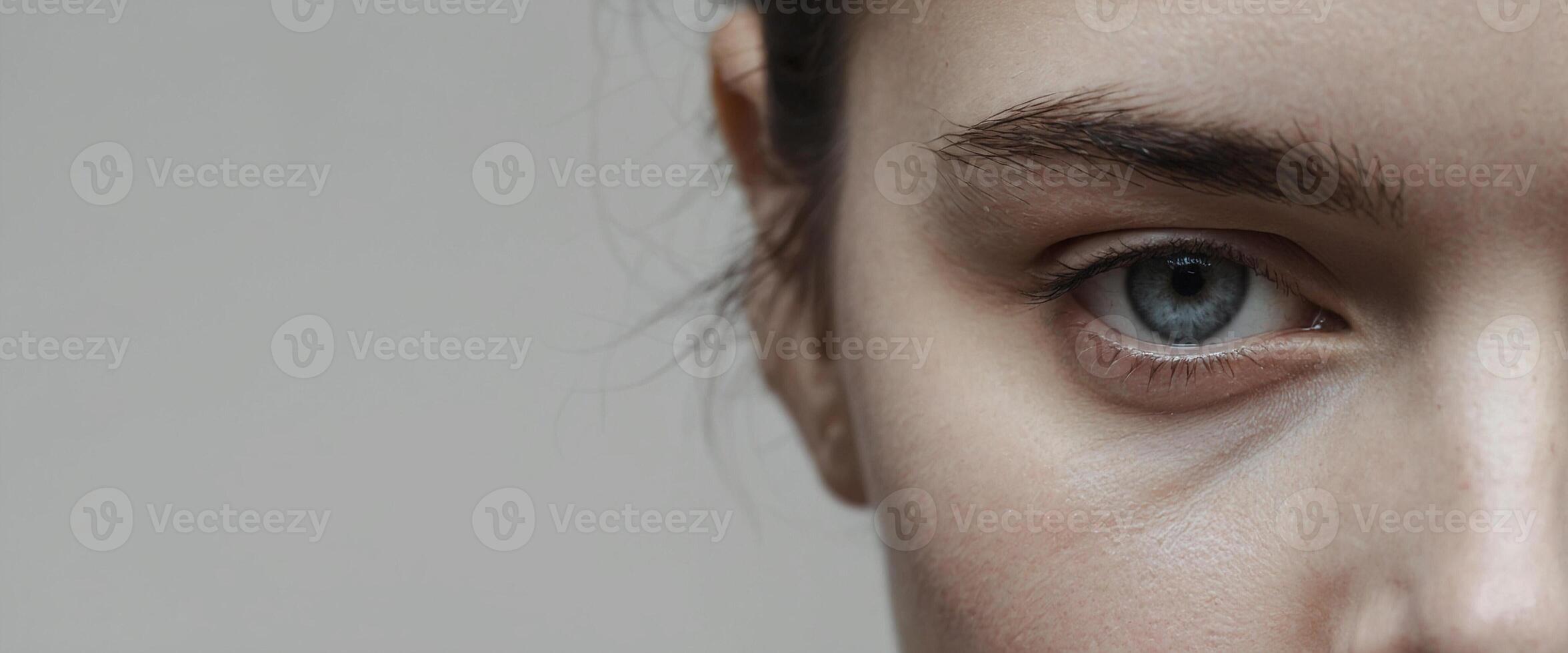 A close up of a woman's face with blue eyes photo