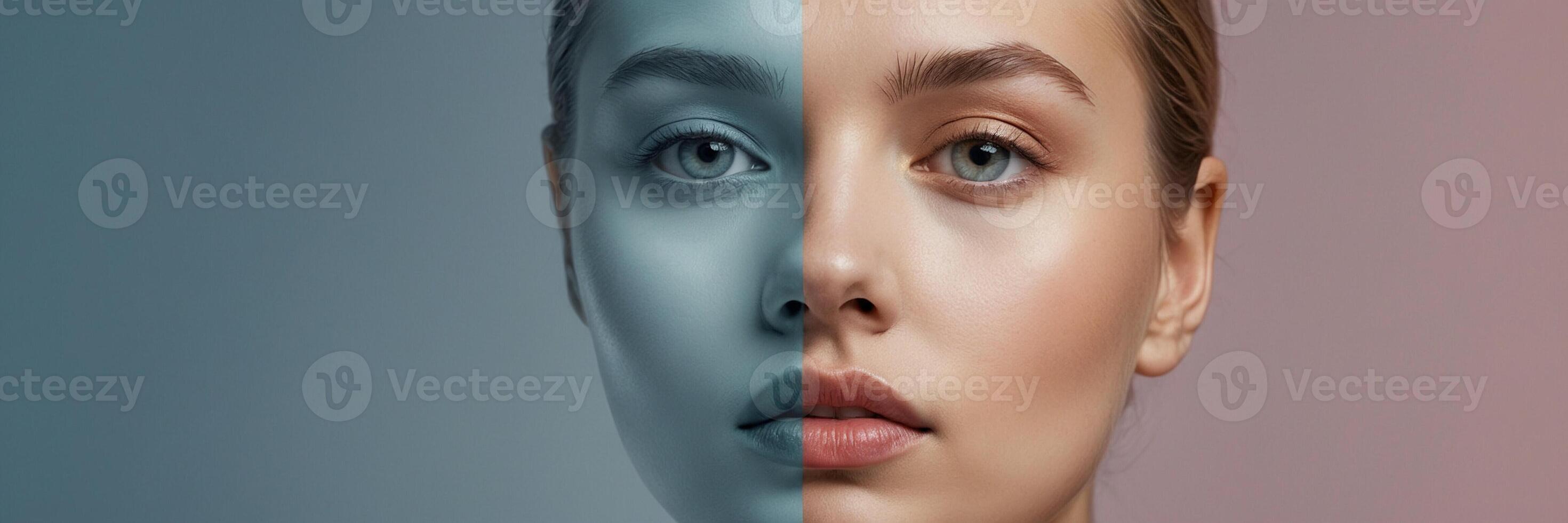 Two images of a woman with different skin tones photo