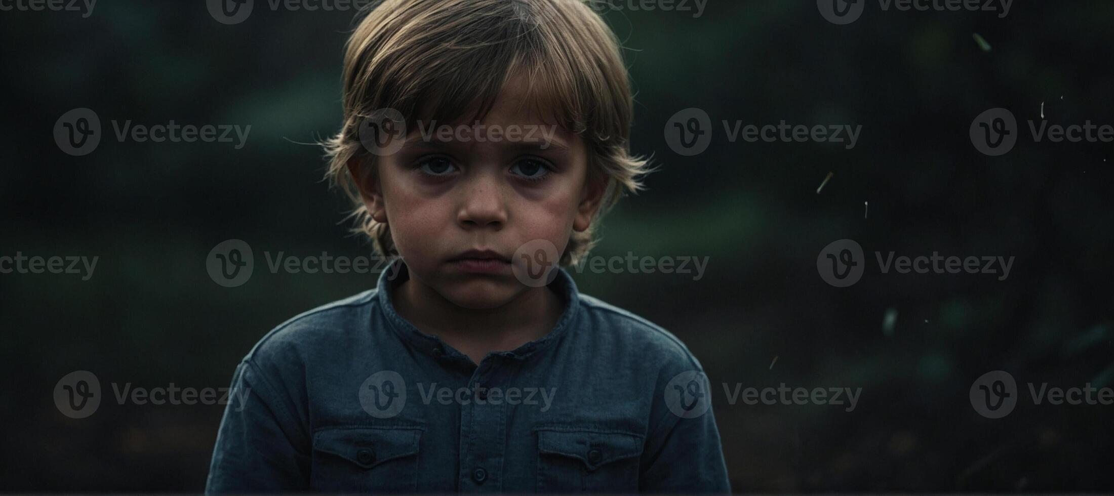 A young boy is looking at the camera in a dark forest photo