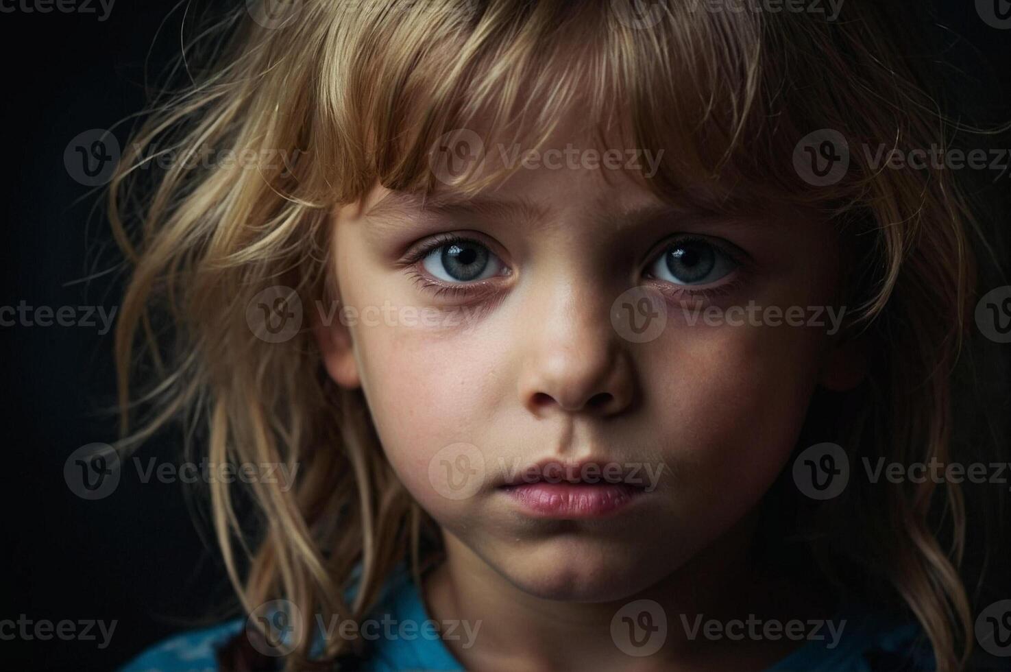 A young girl with blue eyes looking at the camera photo