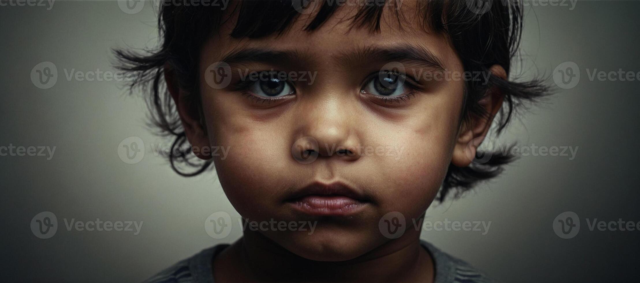 A young child with dark eyes looking at the camera photo