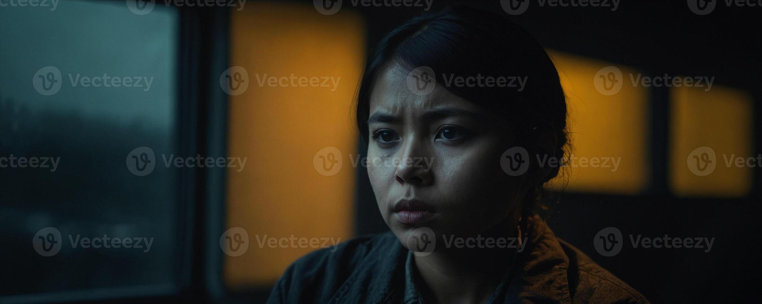 A woman looks out the window in a dark room photo