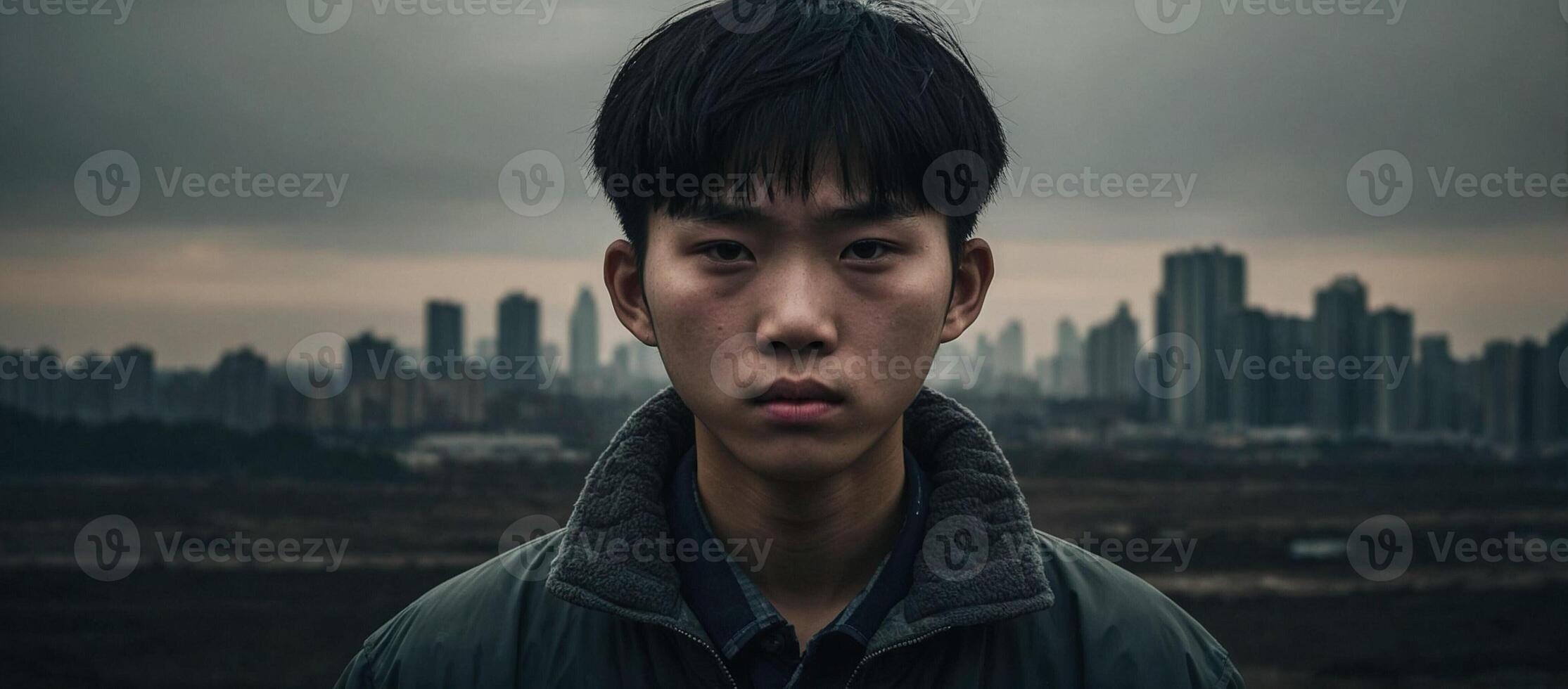 A young man with dark hair and a city in the background photo