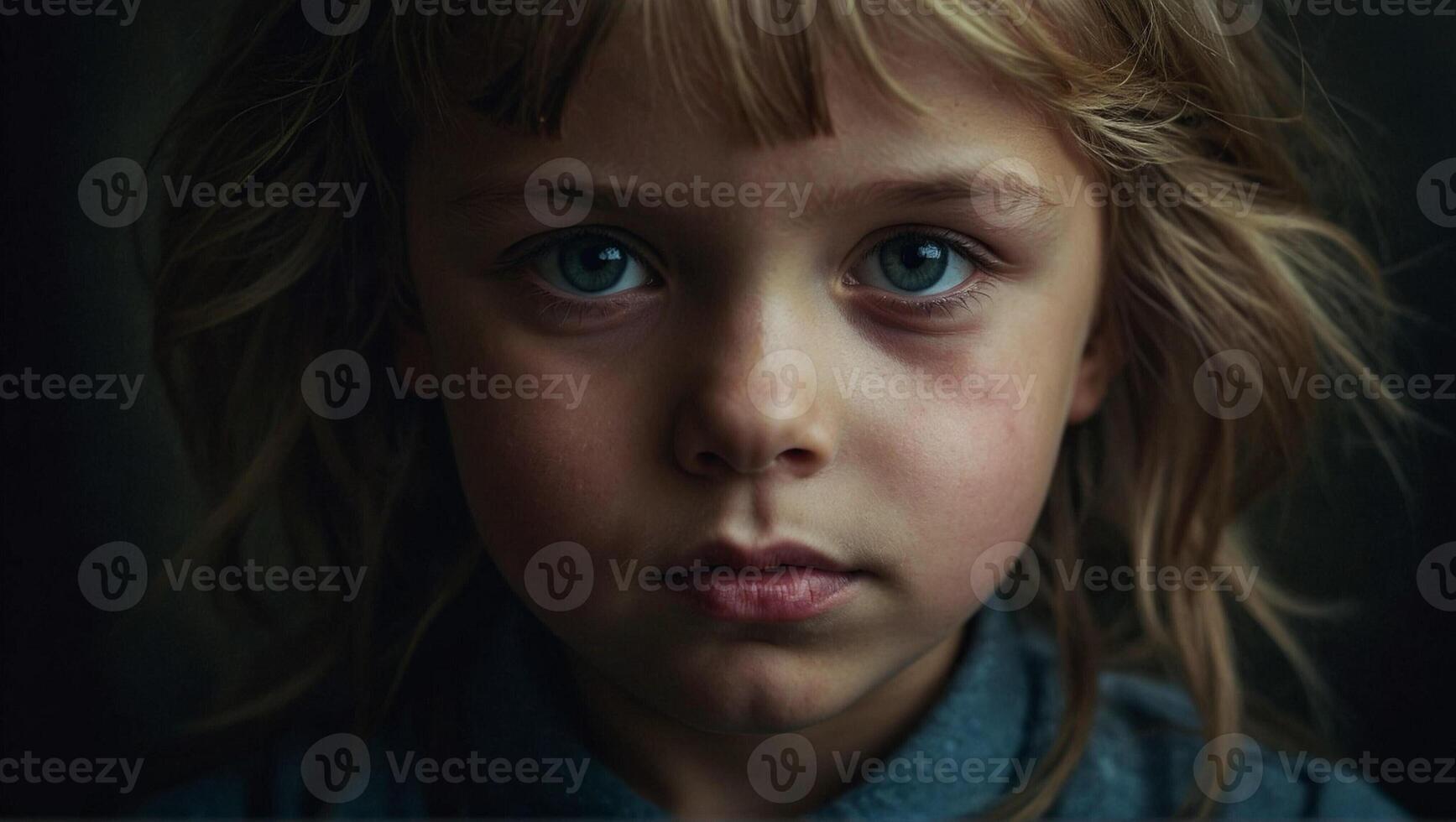 A young girl with blue eyes looks into the camera photo