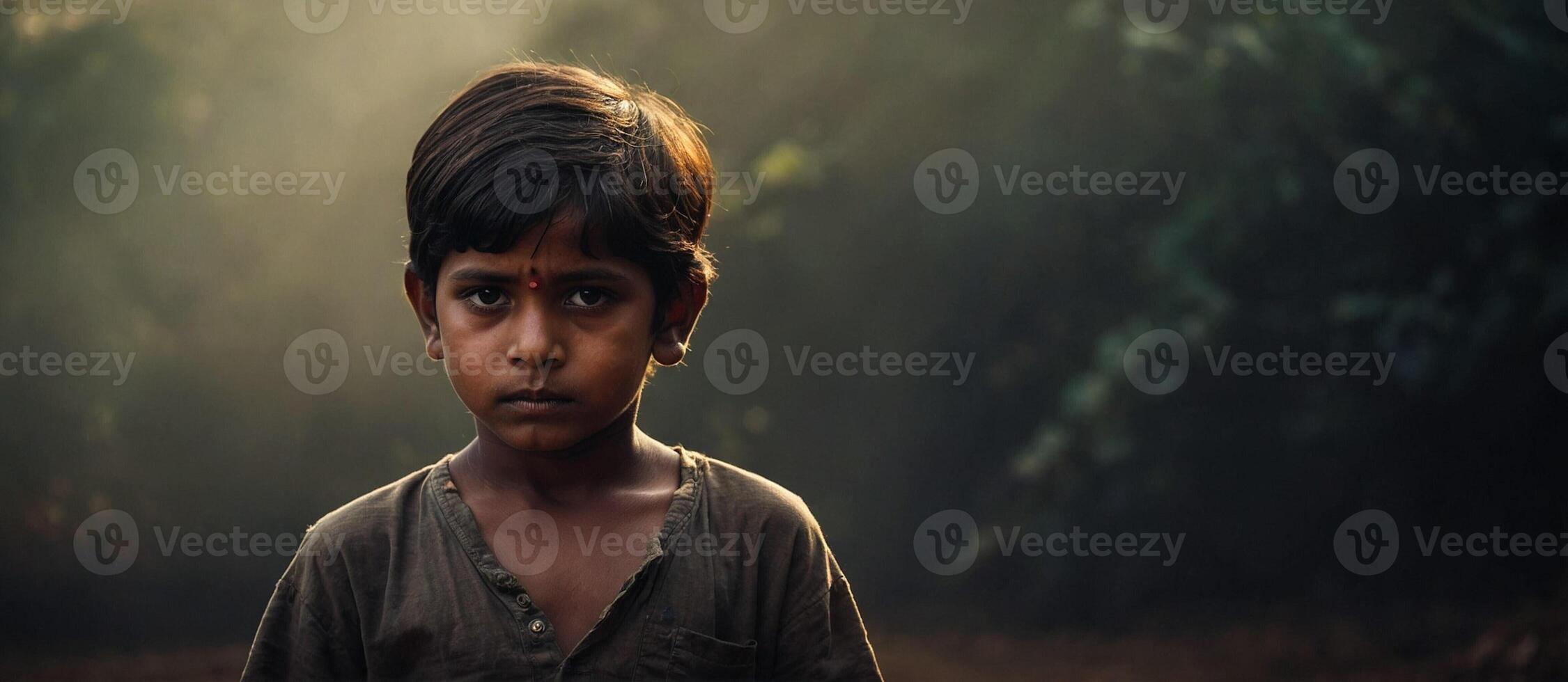A young boy is standing in the middle of a forest photo
